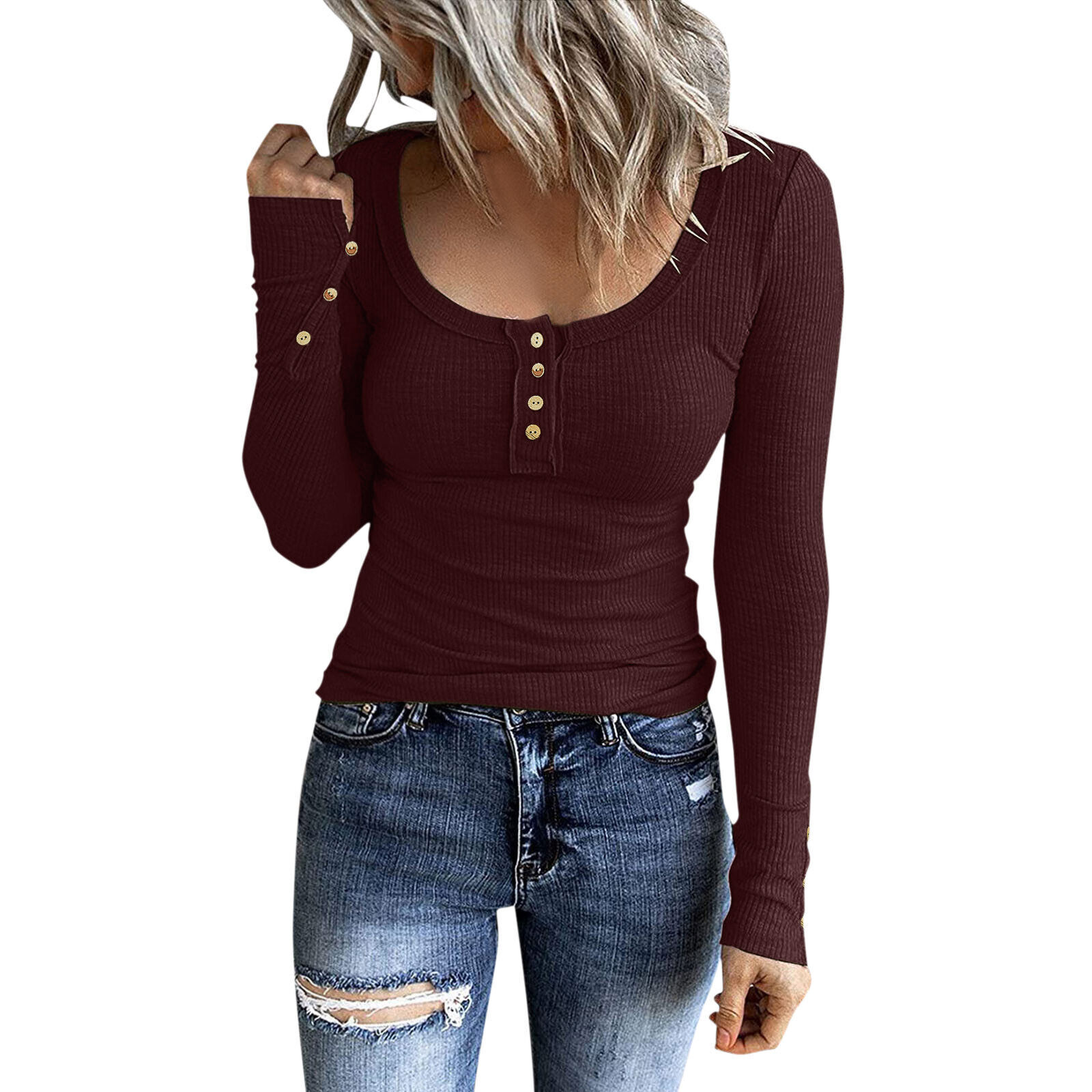 Lady Long Sleeve Henley T Shirt Button Slim Fit Top Scoop Neck Ribbed Knit Shirt