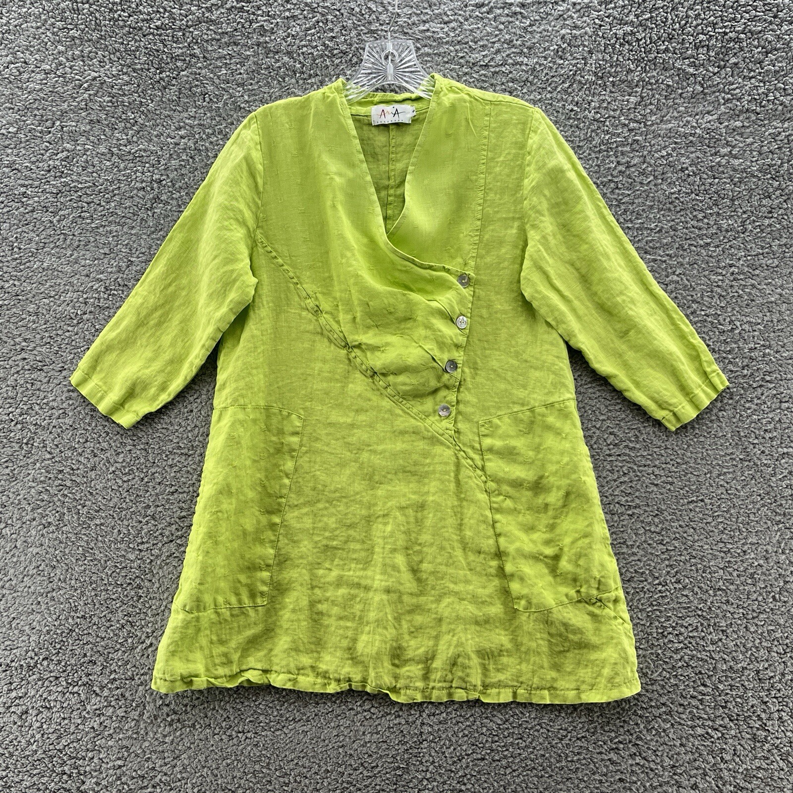 AriA Homemade Blouse Womens Small Green Linen Relaxed Art Boho Italy Tunic Top