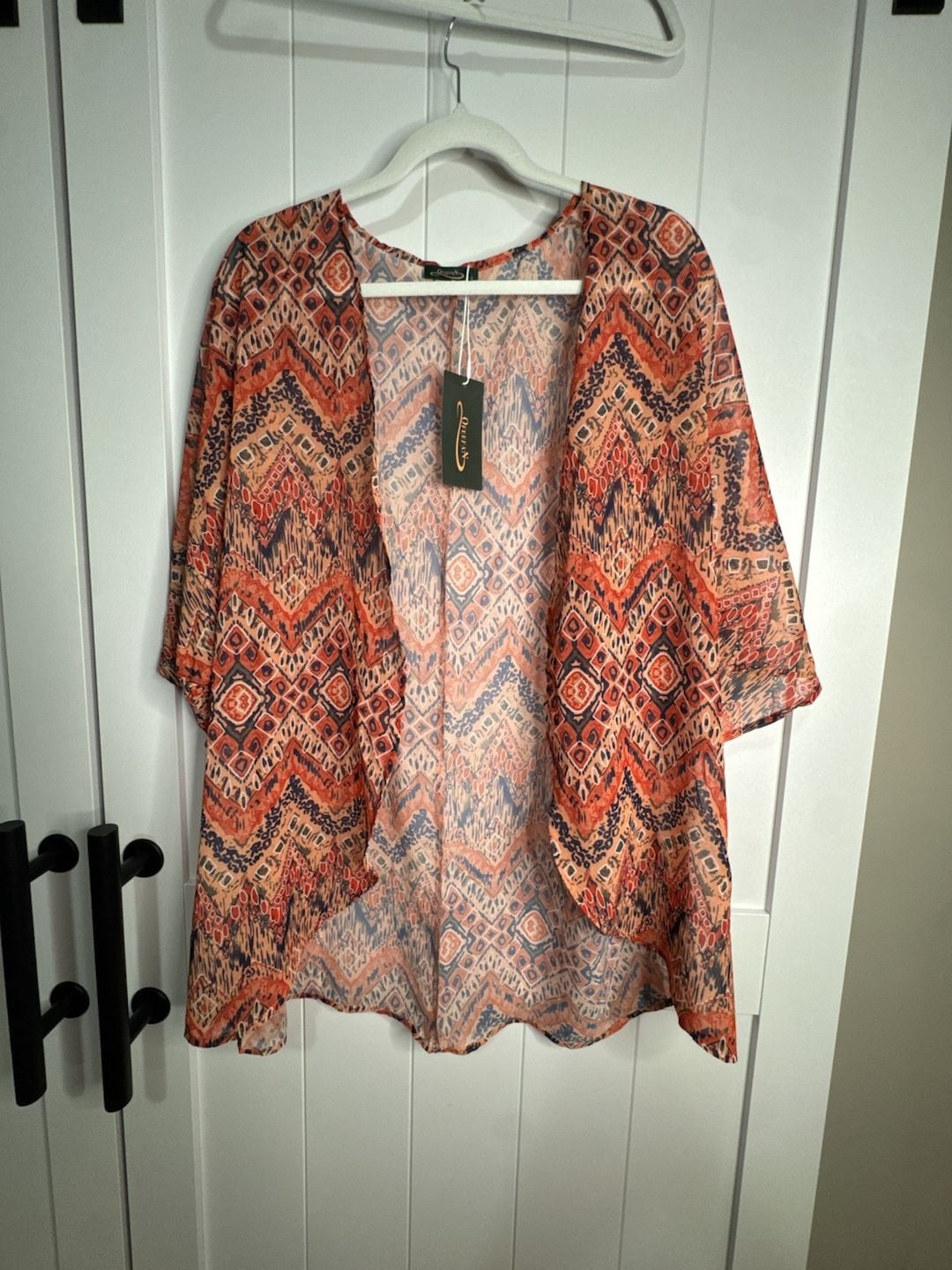 Ofeefan Lightweight Boho Orange Tribal Print Kimono Cardigan Cover Up Size L