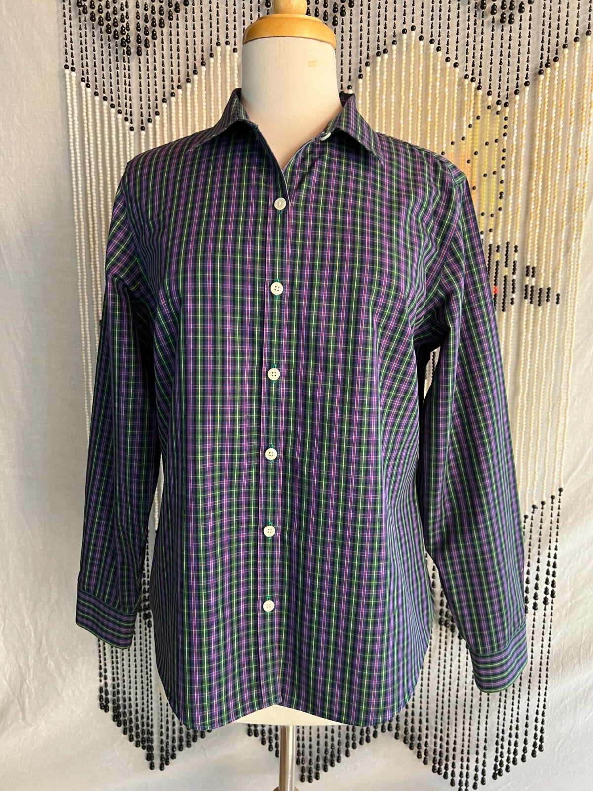 L.L. Bean Blouse Shirt Purple Green Blue Checks Long Sleeve Wrinkle Resistant M
