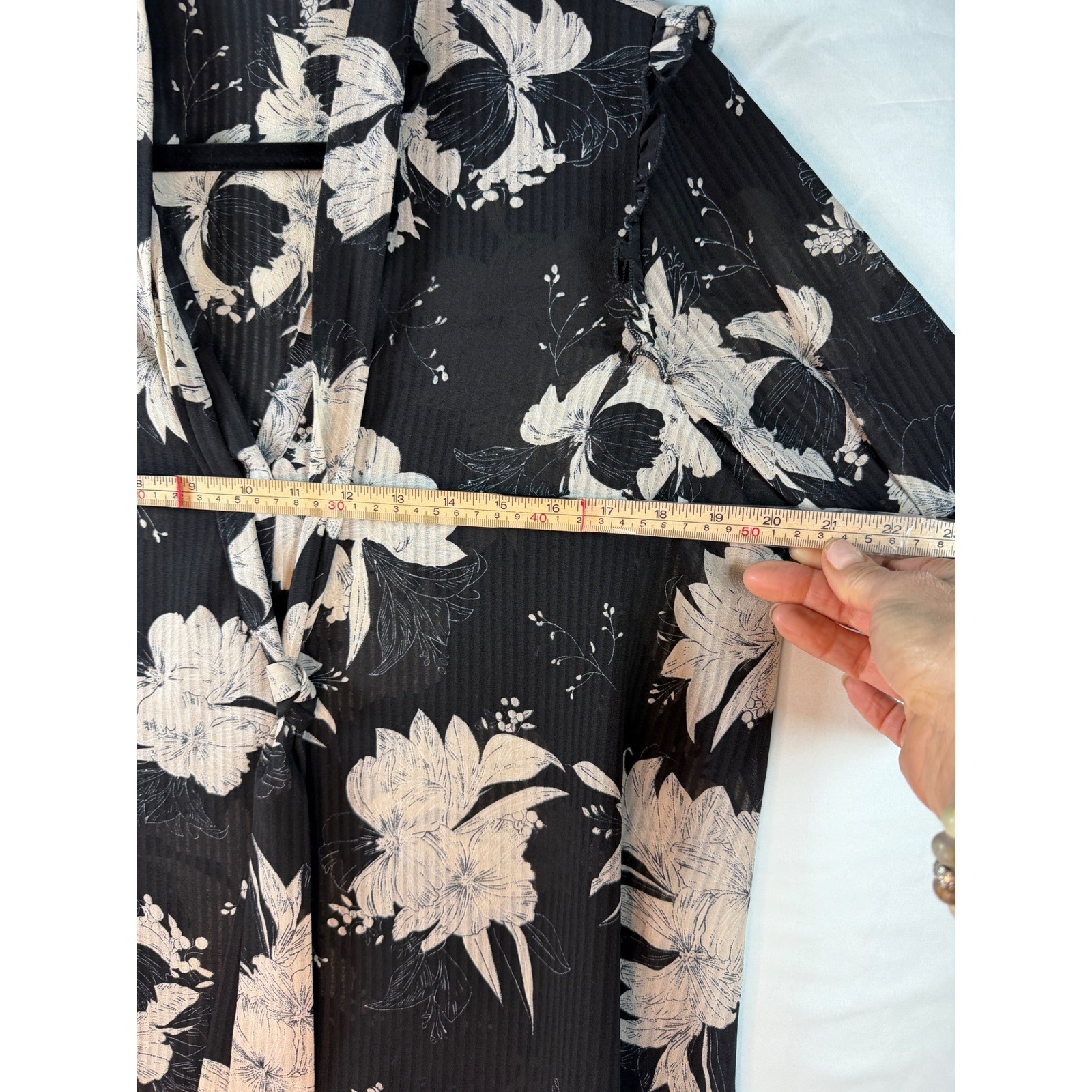 fab’rik Black Cream Floral Ruffle Shoulder Sheer Blouse sz Med feminine