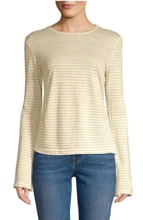 Frame Shirt Women Large Ivory Metallic Gold Striped Linen Blend Split Cuff Tee