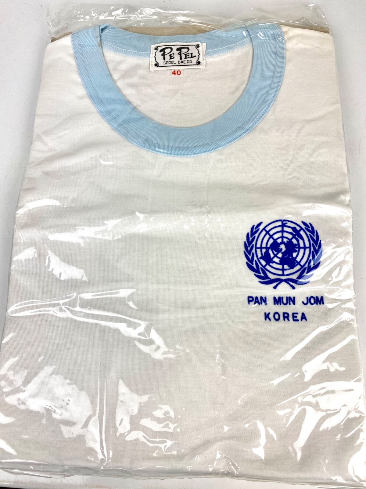 Pe Pel Tee Shirt Pan Mun Jom Korea White w/ Light Blue Crew Neck Short Sleeve