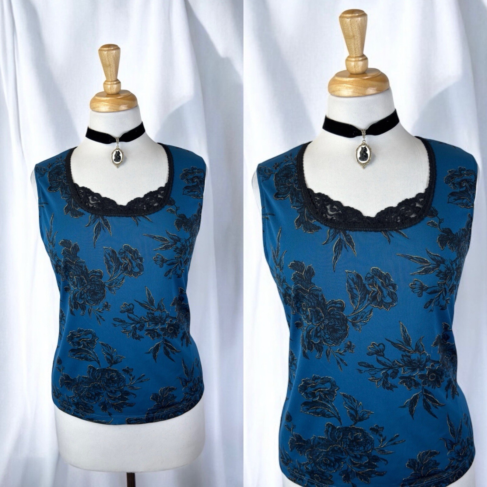 Blue Flower Lace Blouse Top 90s Whimsigoth Goth Fairycore Dressy Y2K Glitter PL