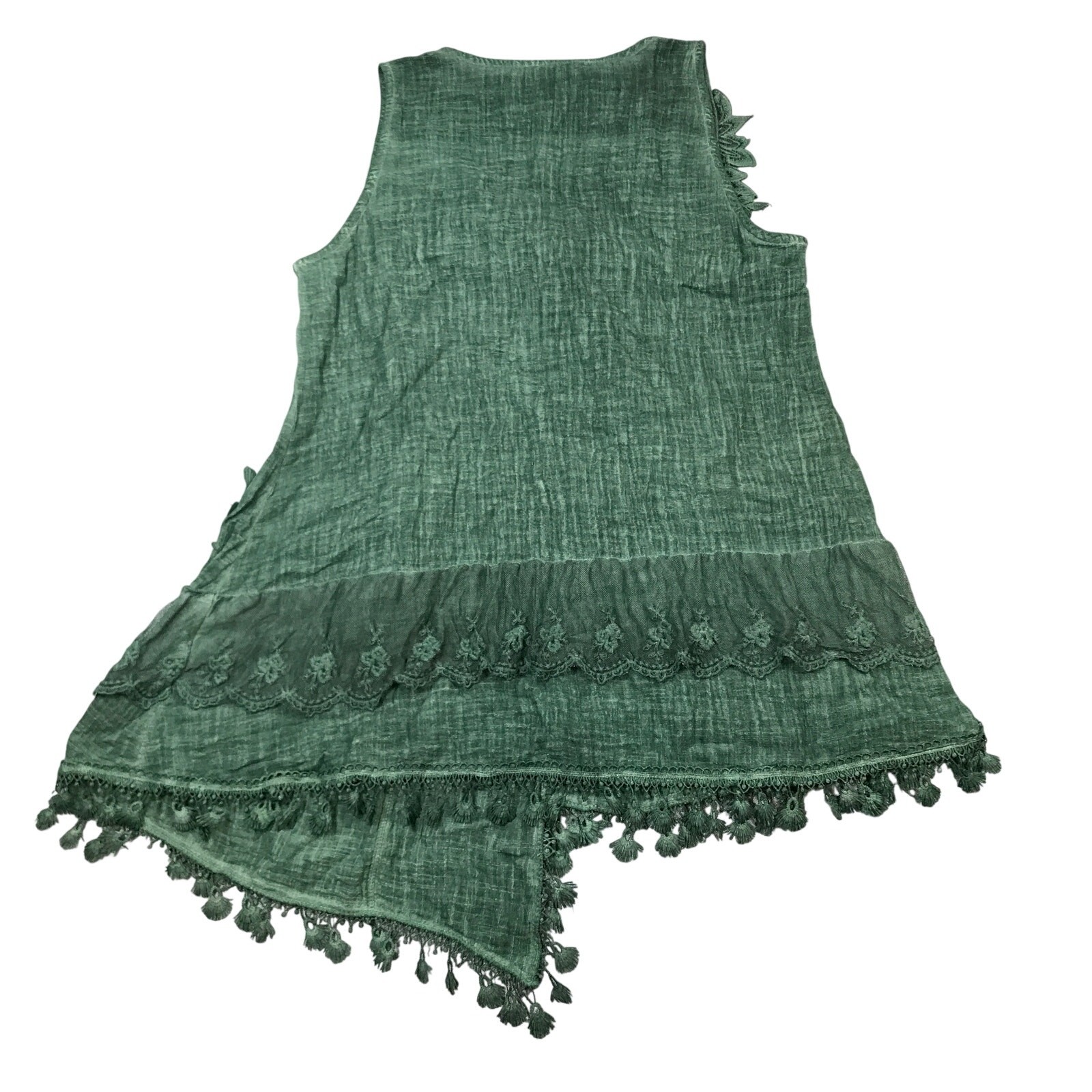 Pretty Angel Medium Tunic Tank Top Green Floral Ruffle Lace Linen Blend NWT E18