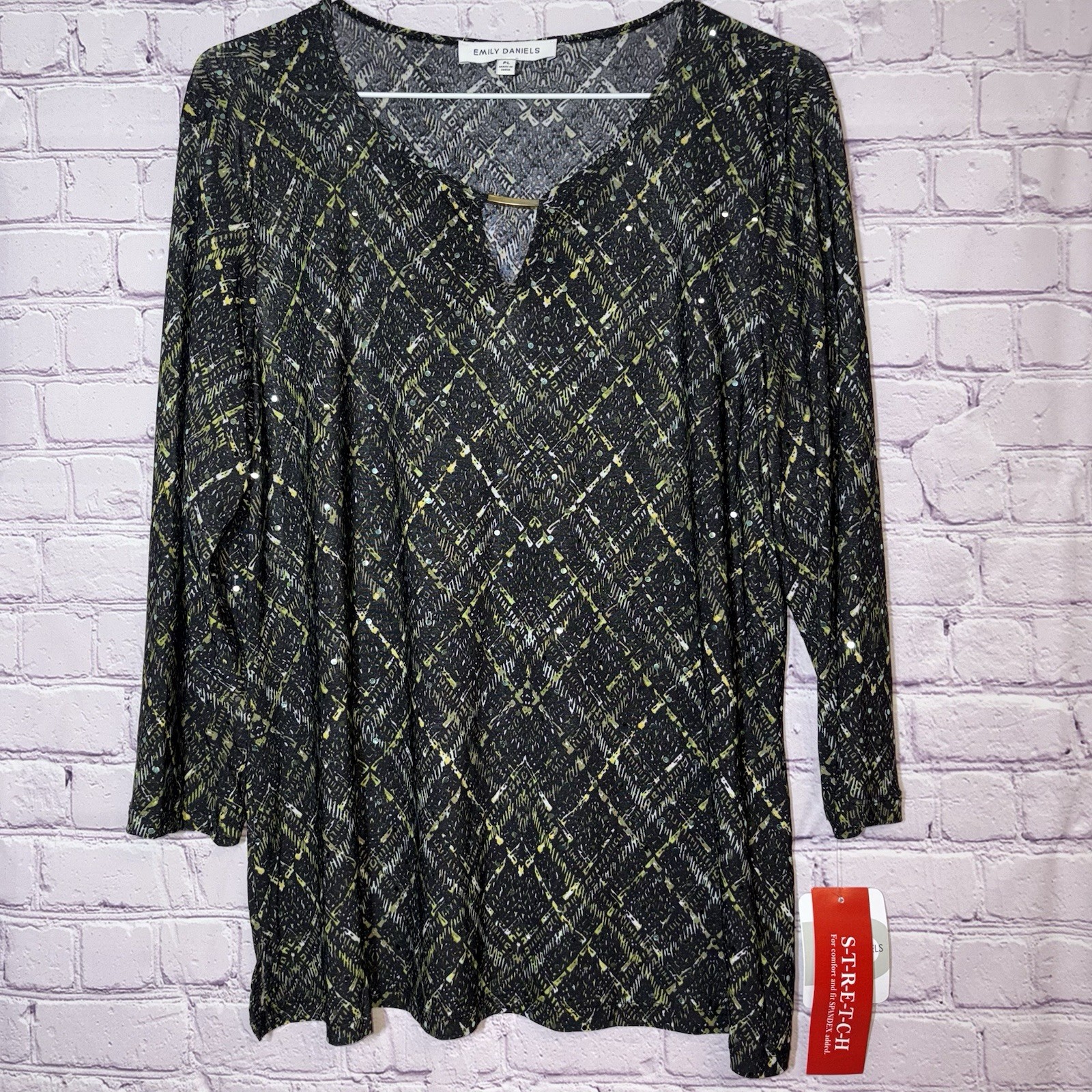 Women’s Petite Lg Sparkly Geometric Plaid 3/4 Sleeve Notch Neckline Top
