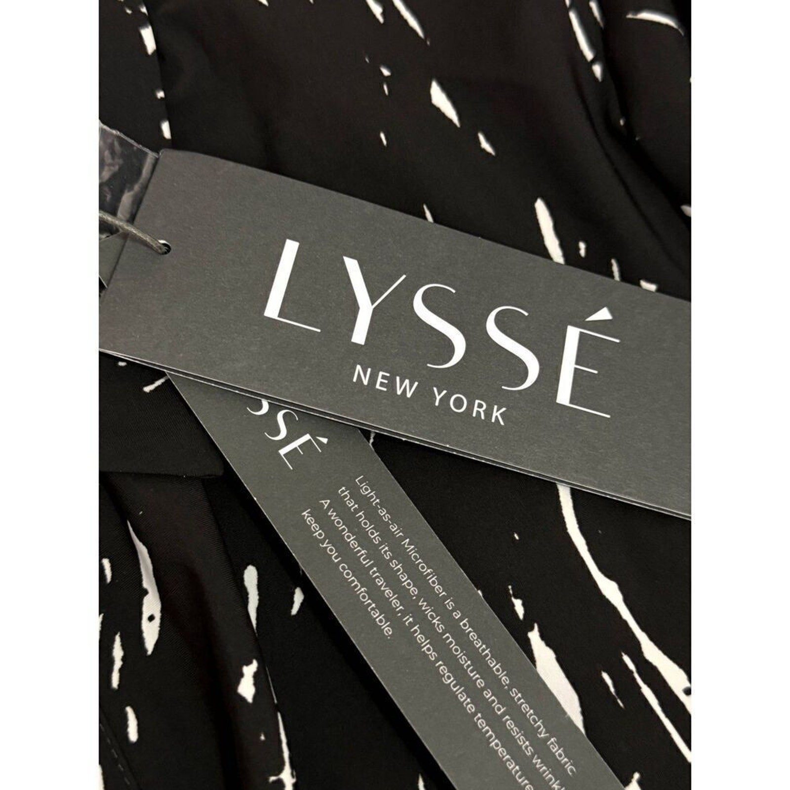 NWT Lyssé Nylon Blend Long Sleeve Designer Top Sz L Black and White Design