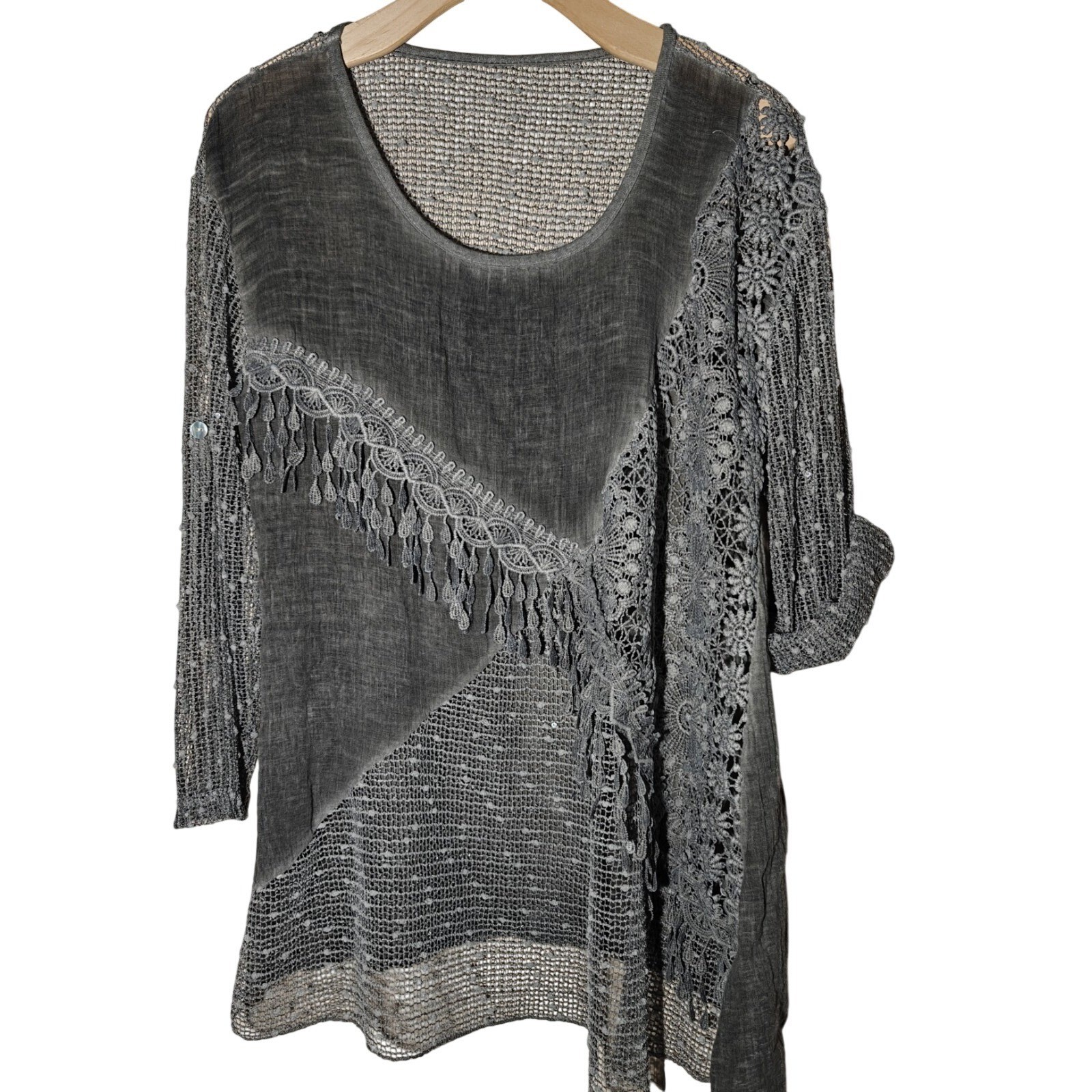 Artisan Patchwork Lace Fringe Tunic Top Grey Sheer Mesh S/M