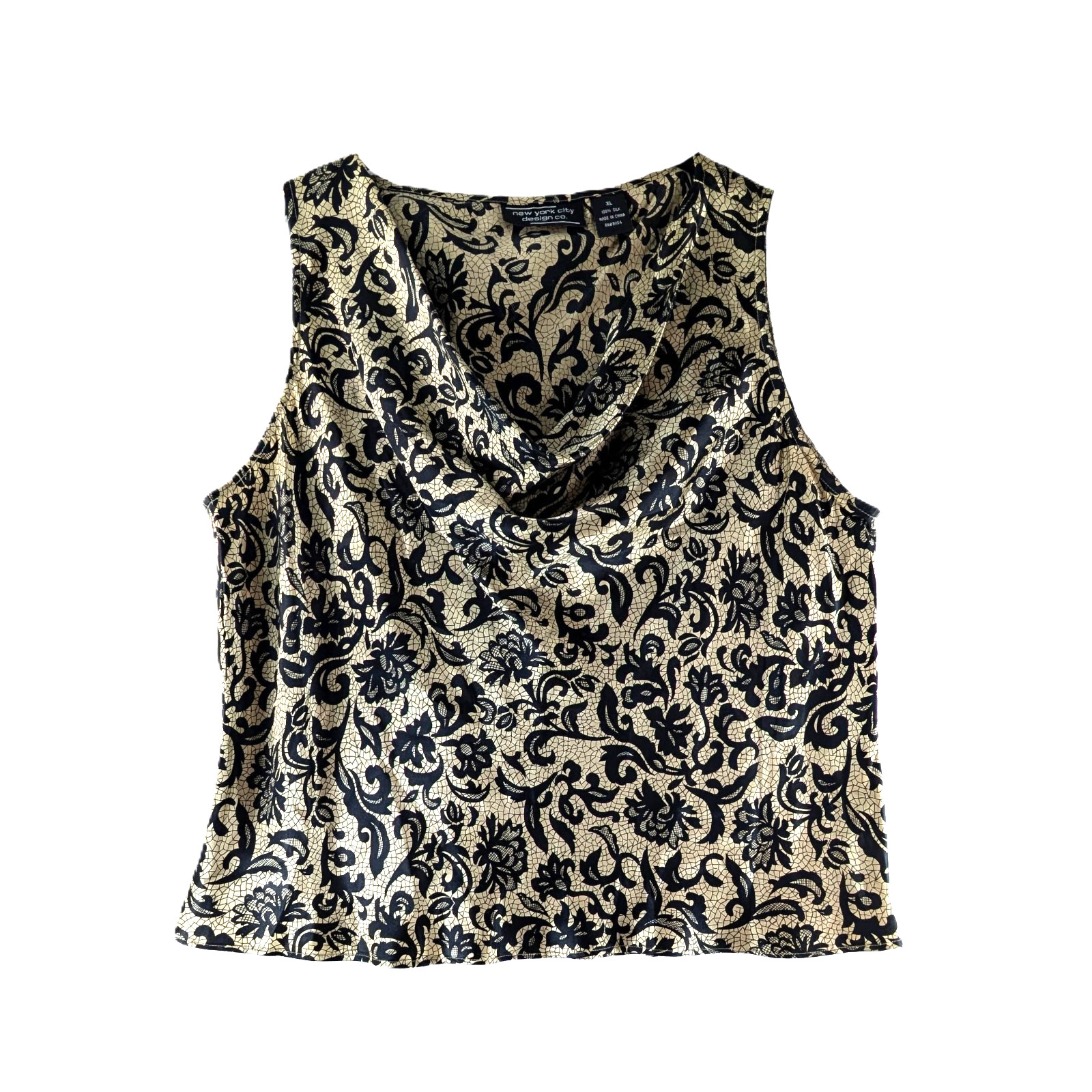 NYC Design Co Shell Top Womens Size XL Drape Neck 100% Silk Floral Gold Black