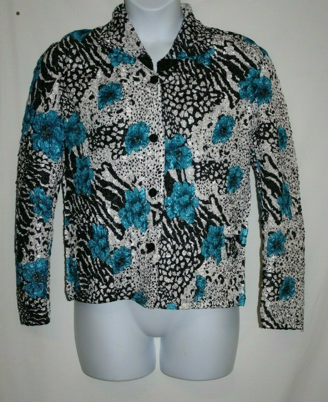 Napa Valley Misses SMALL Blouse Turquoise Aqua Black Reversible Puckered Stretch