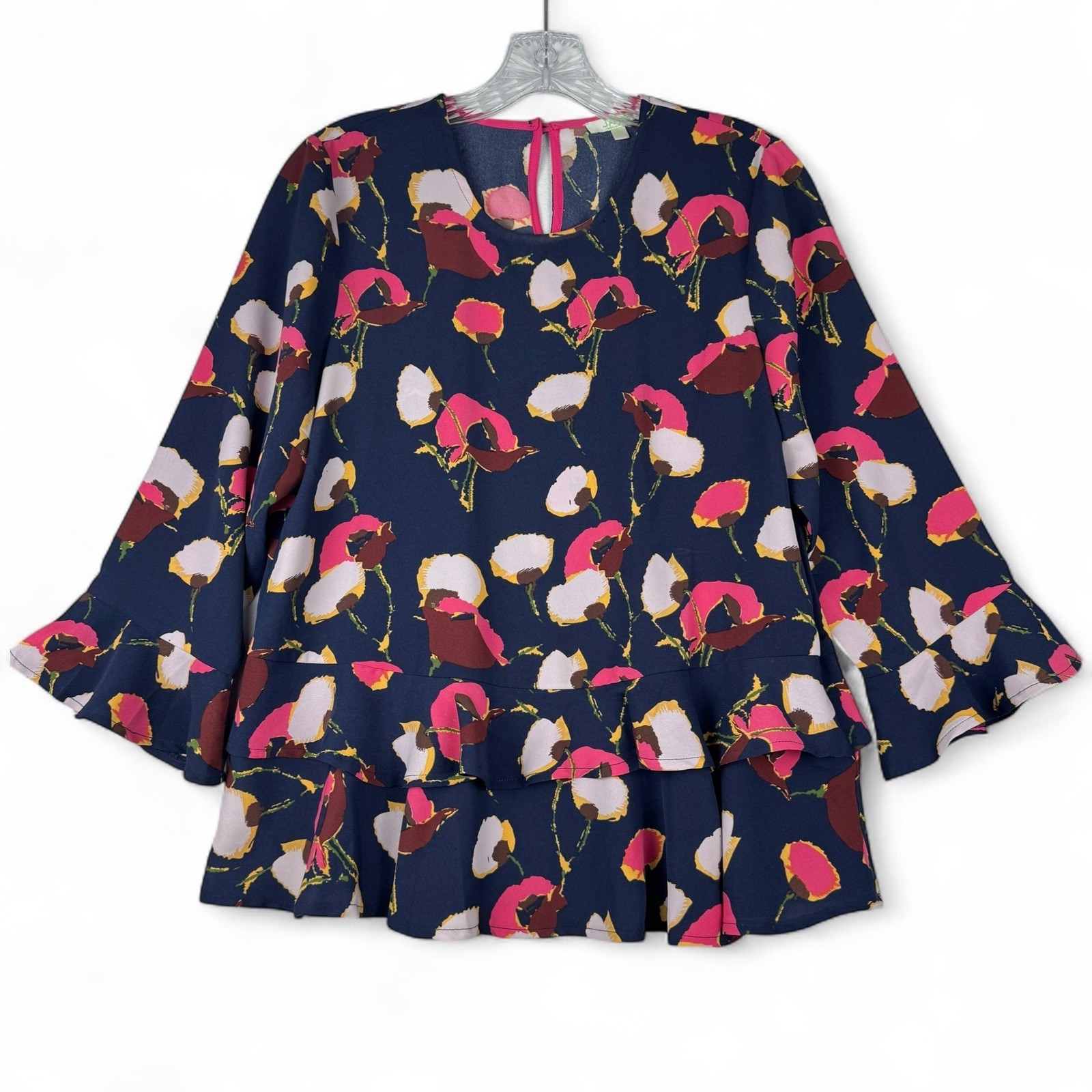 Jade Melody Tam Womens Size Small Ruffle Trim Top Floral on Navy 3/4 Sleeves