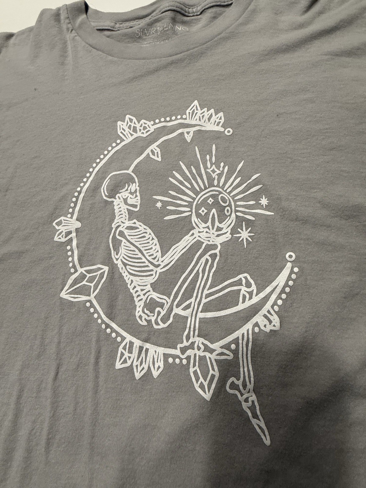 Silver Lining Gray Graphic Tee Skeleton Moon Crystals Shirt Sz 2XL