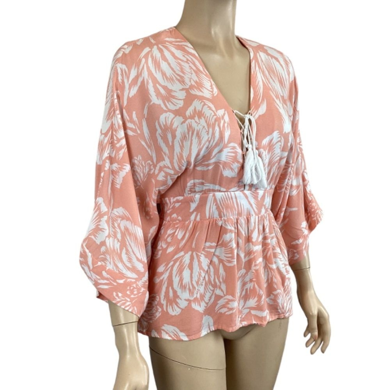 MINKPINK Kimono Sleeve Top Blouse Size Small Pink Leaf Print
