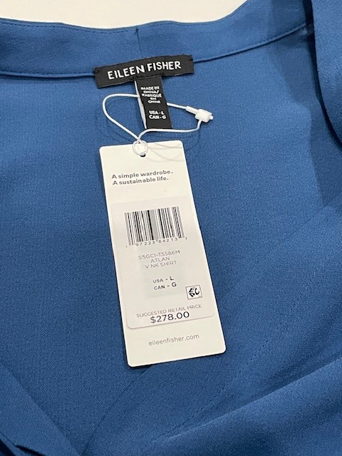 NWT! Eileen Fisher $278 L ‘Atlantis’ Blue V-neck 100% Silk Shirt Machine Wash