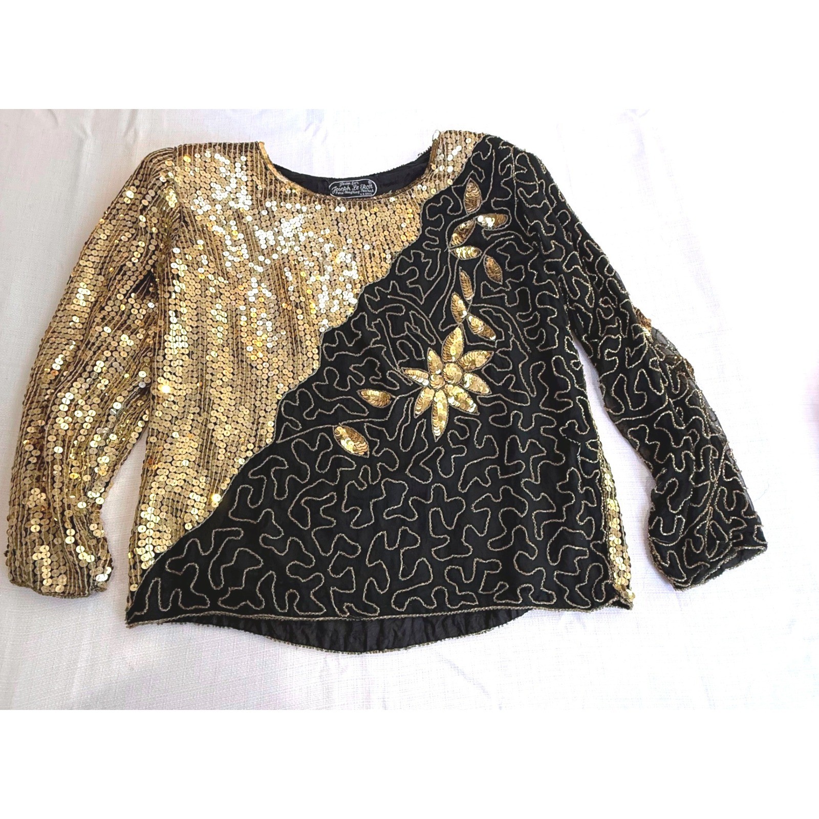 Vintage Joseph Le Bon Pure Silk Sequin Beaded Top Small Black Gold 80s