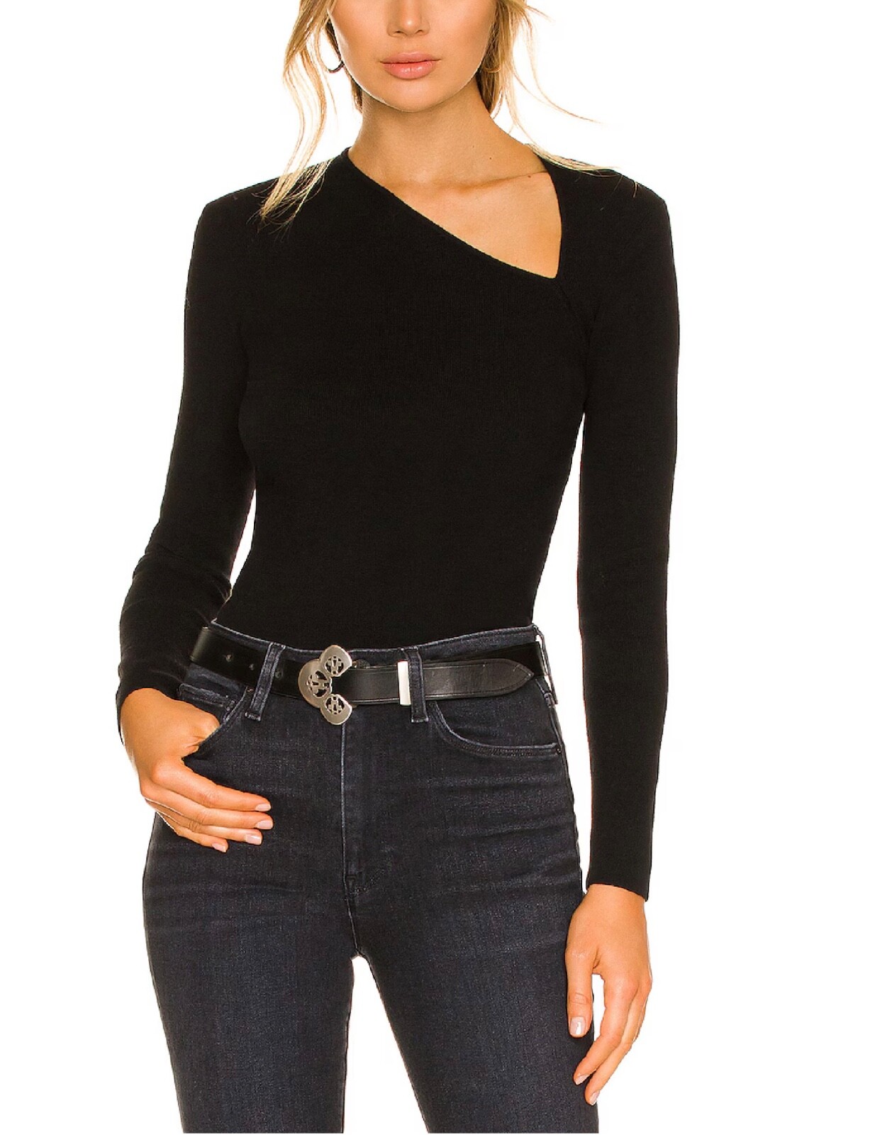 One Grey Day Leon Asymmetric Neck Long Sleeve Knit Top Black Size S – NWT