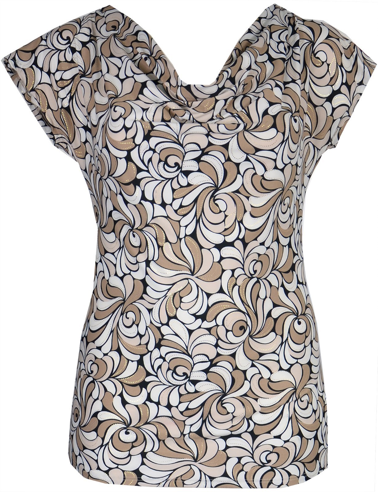 Womens Soft Stretch Top Gold Shine Polka Brown Black White Cowl Neck Cap Sleeve