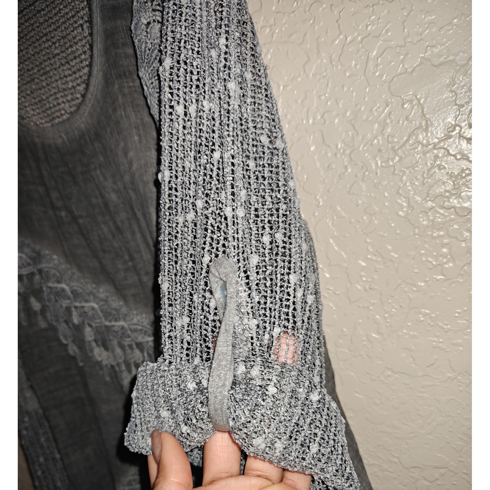 Artisan Patchwork Lace Fringe Tunic Top Grey Sheer Mesh S/M