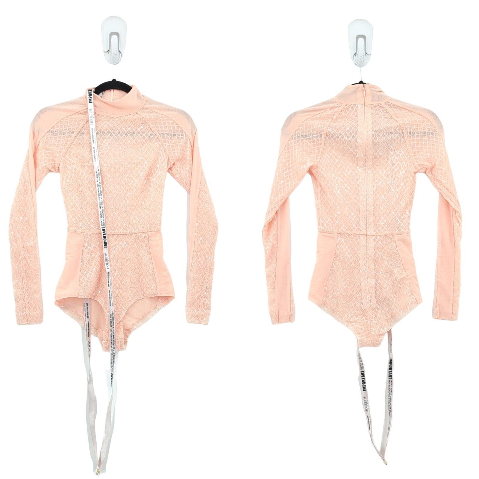 House of CB Women XS Marnel Bodysuit Blush Pink Sequined Mock Neck Long Sleeve