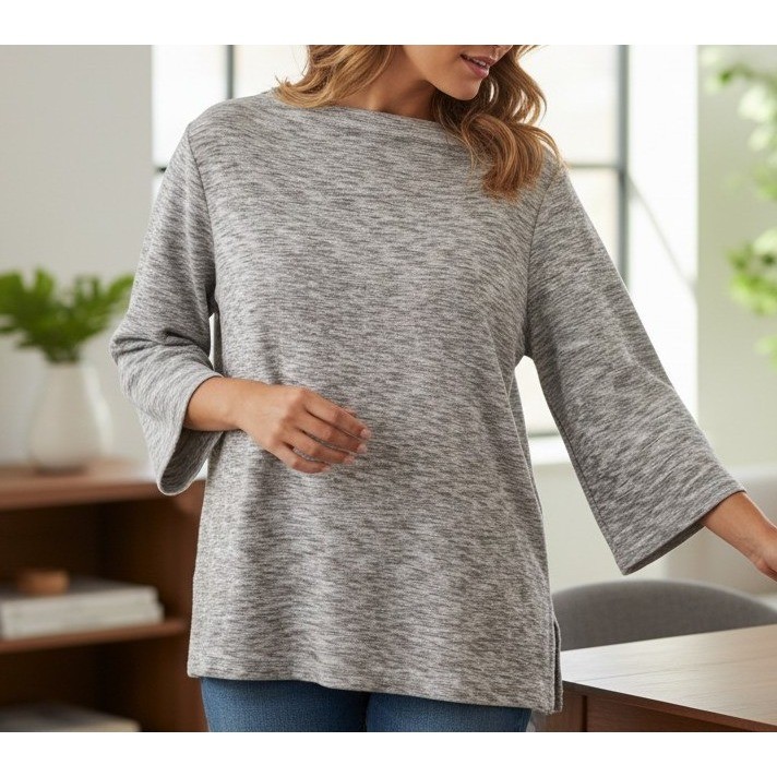 J. Jill Space Dye Soft Knit Tunic Top XL Taupe Gray Boat Neck Coastal Earthy