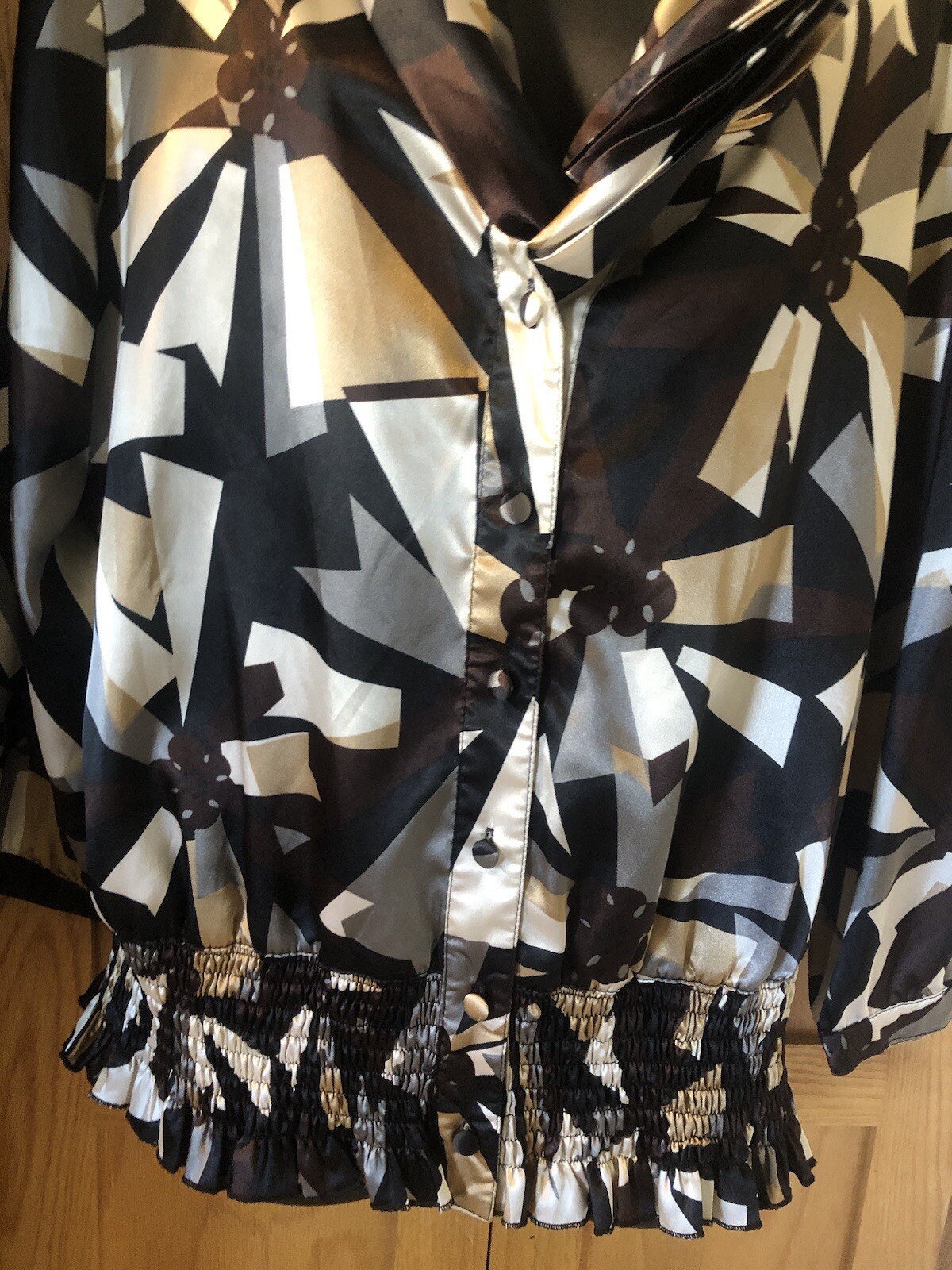 Apostrophe Tie Satiny Blouse Button Up Geometric Print Multi Color Size XL