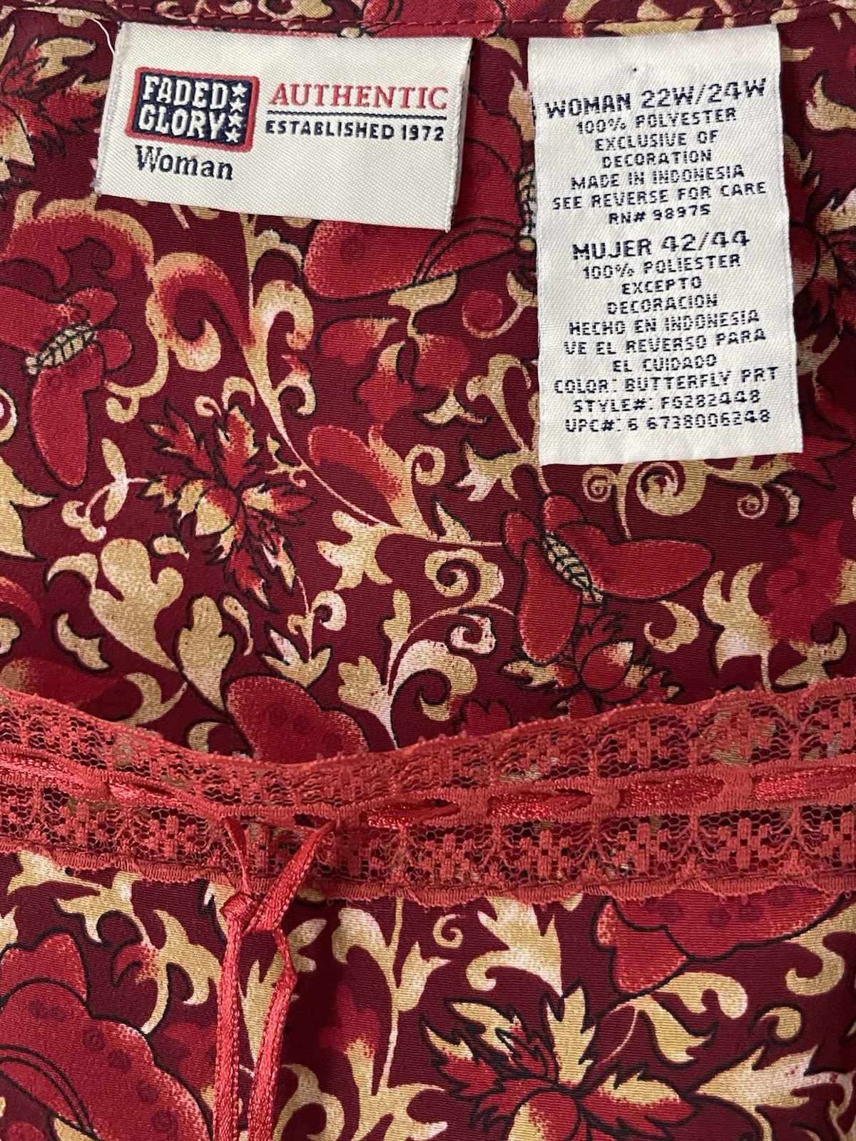Faded Glory Top 22/24W Peasant Red Butterfly Floral Boho Peasant Fairy Blouse