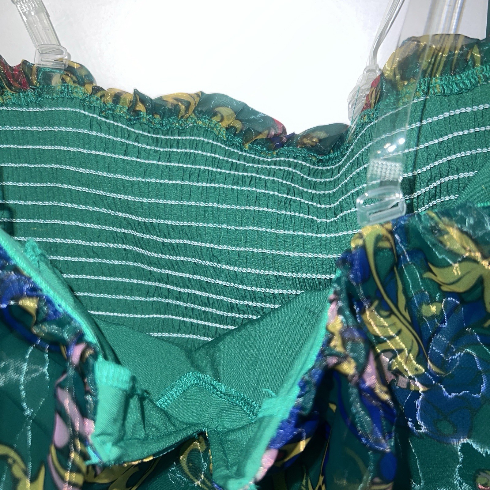 Off-Shoulder Print Smocked Crop Top with Elastic Flutter Sleeves – Green Bustier