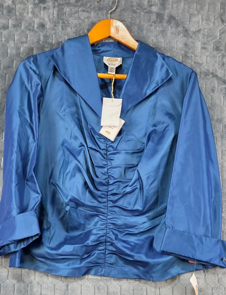 TALBOTS Size 14W Rich Royal Blue Pure Silk Rhinestone French Cut Blouse NWT