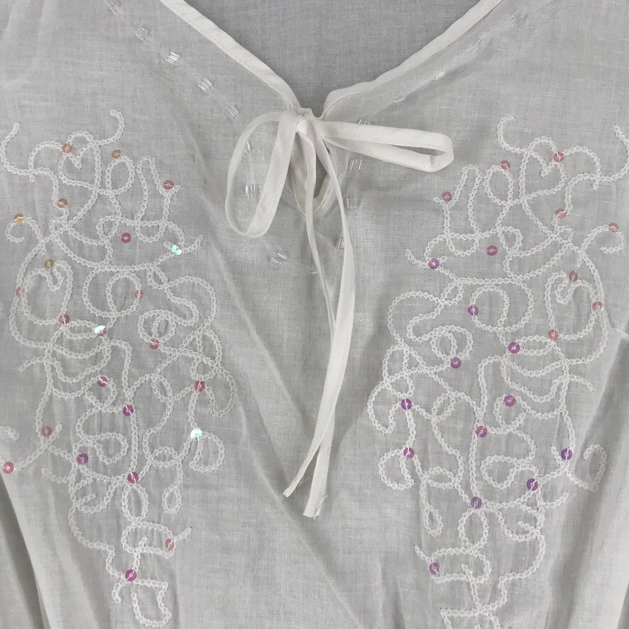 Elena Solano Blouse Women Size L Sheer Embellished Elastic Waist Ivory