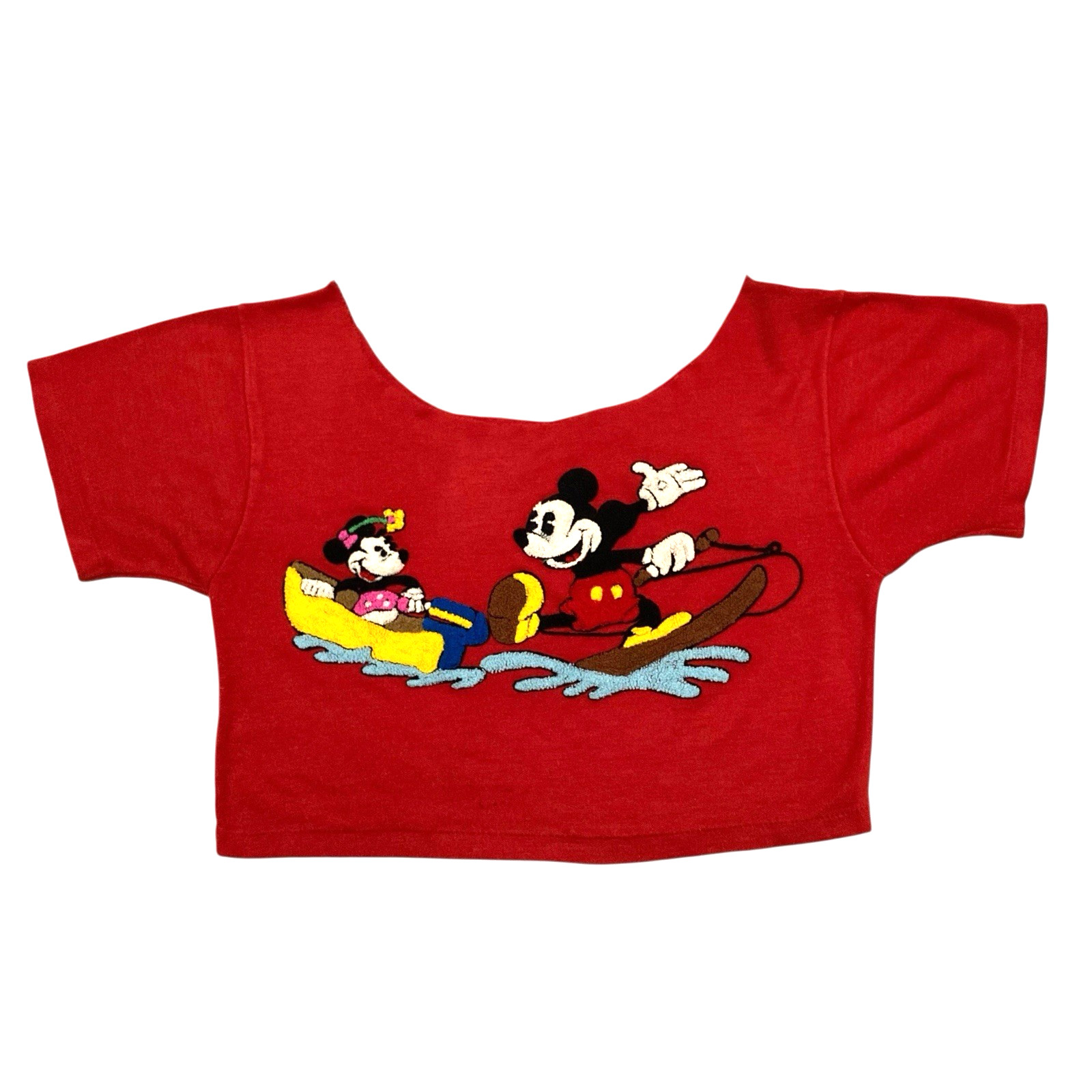 VTG Disney 80s 90s Sunday Comics Mickey & Minnie Cut Neck Cropped Red T-Shirt L