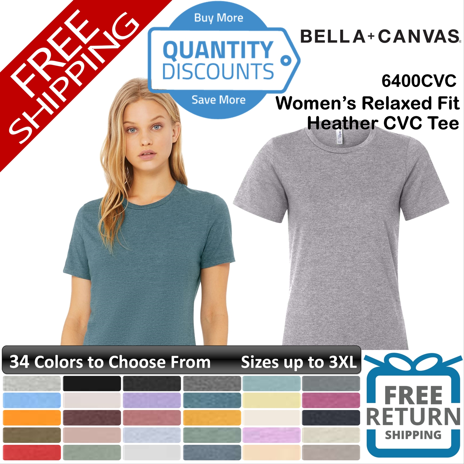 🔥 Bella + Canvas Woman Relaxed Fit Heather Cvc T Shirt Top Up To 3XL 6400cvc