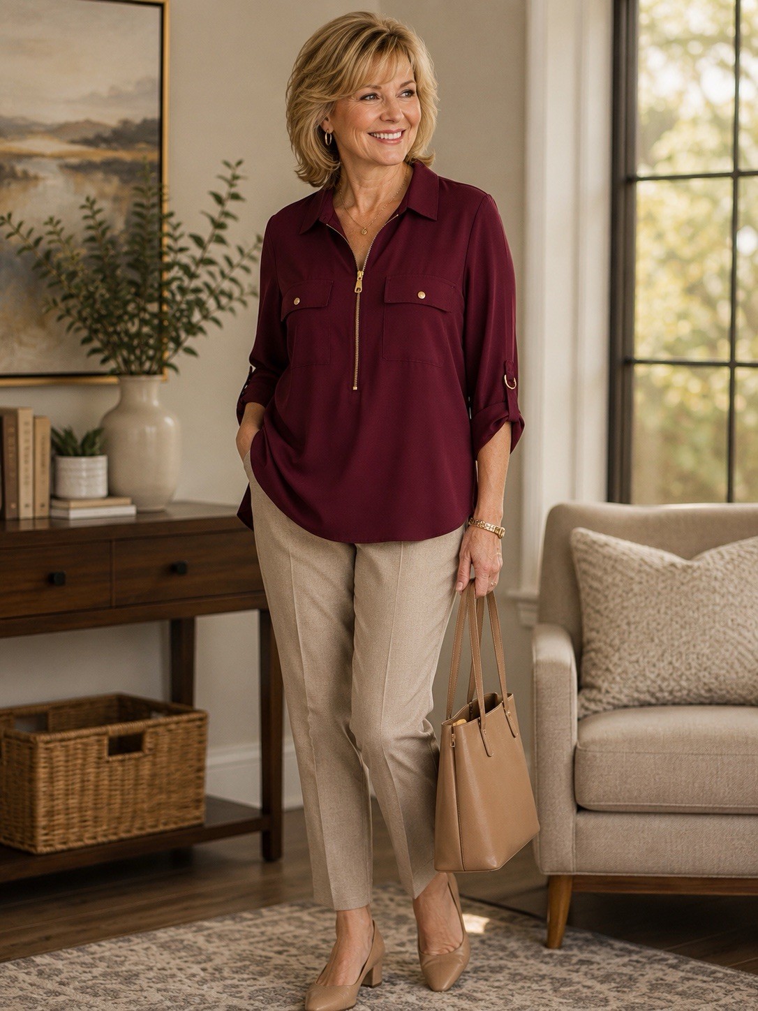 Michael Kors Burgundy Solid Collared Half Zip Blouse w/ Chest Pockets Size M