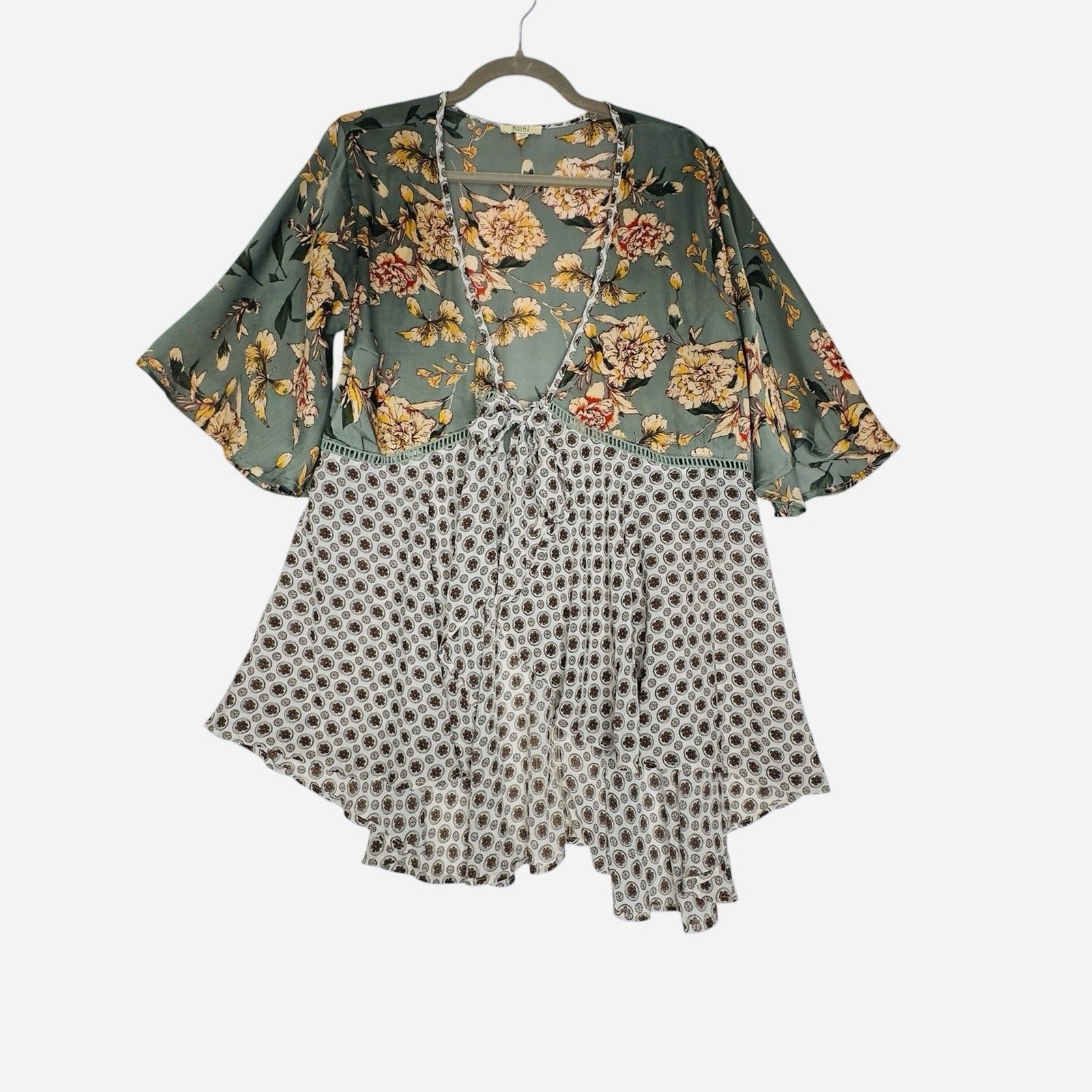KORI AMERICA Kimono Cardigan Floral Geometric Print Tie Front Women’s Size S