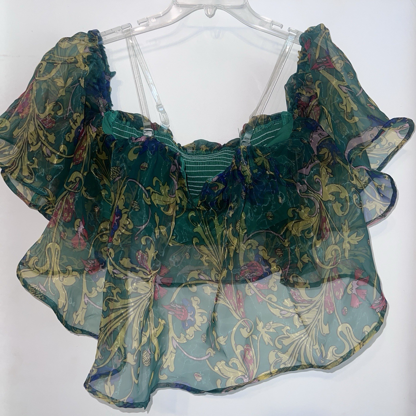 Off-Shoulder Print Smocked Crop Top with Elastic Flutter Sleeves – Green Bustier