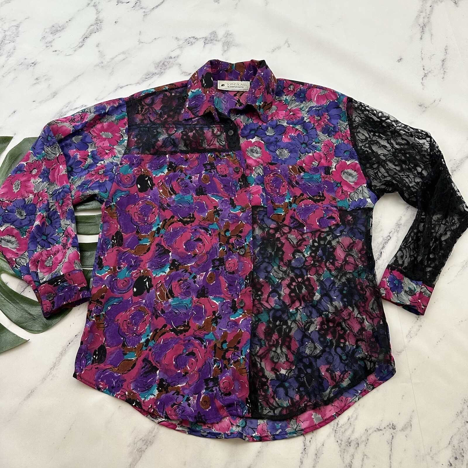 Jonathan Martin Womens Vintage 90s Patchwork Blouse Shirt Size M Pink Black Lace