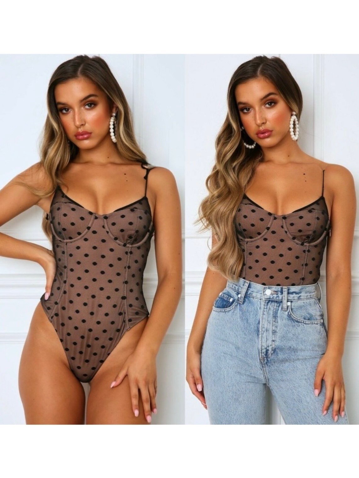 White Fox Cocktail Hour Polka Dot Cami Bodysuit Chic Classic Night Out Large