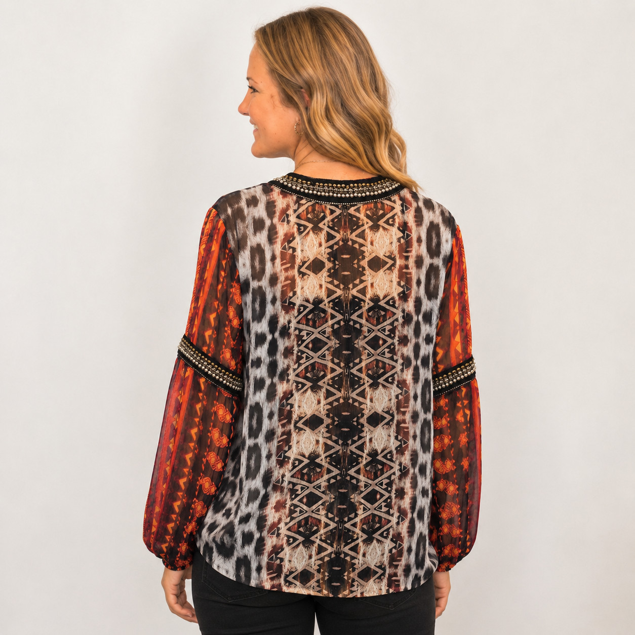 V Cristina Women’s XL Bohemian Leopard and Rust Print with Beaded Neck