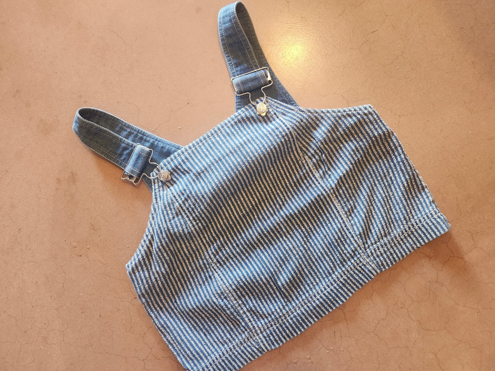 Blue And White Hickory Striped Bib Overall Style Crop Top XS Farmer Cowgirl