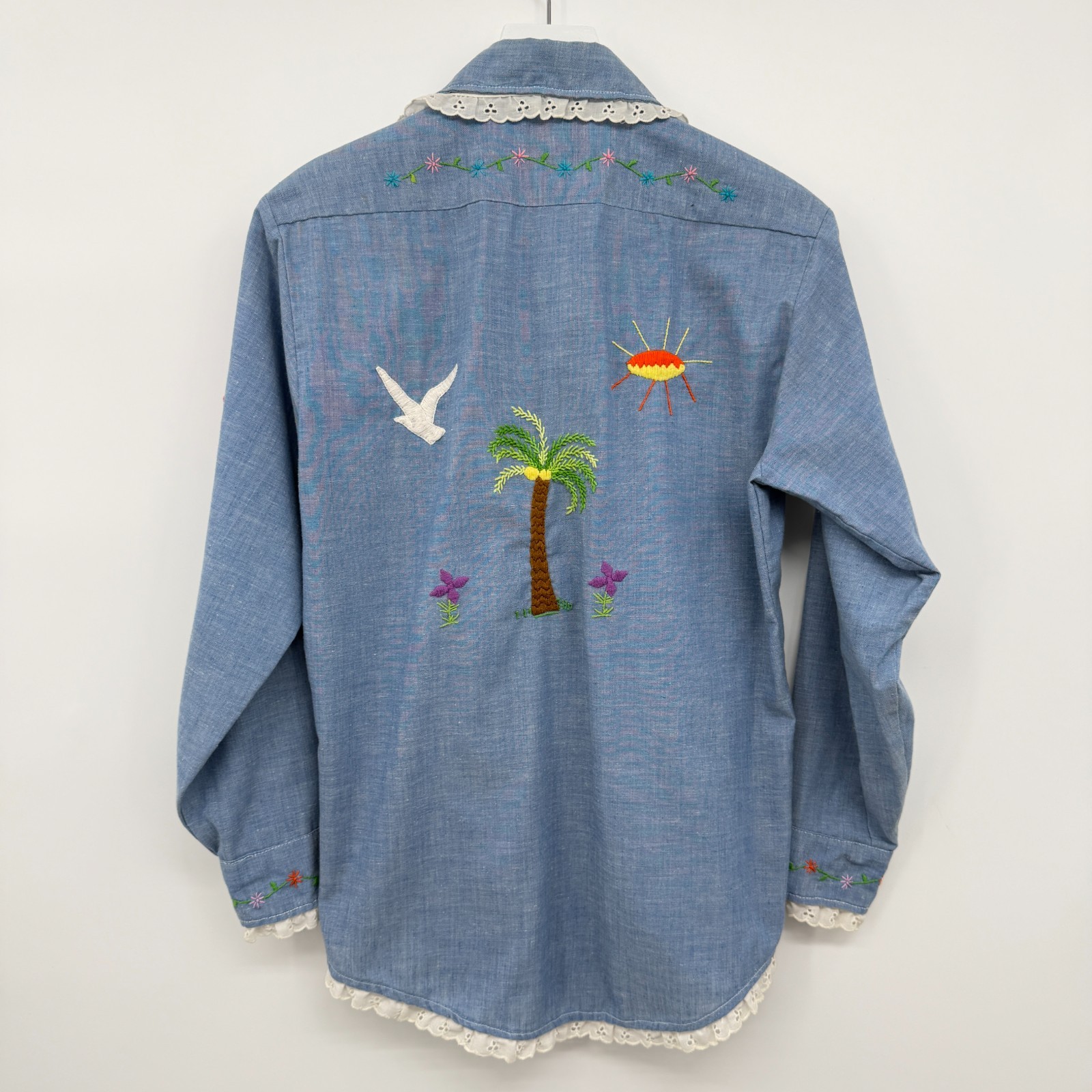 Vintage 70s Hand Embroidered Top Shirt S M Chambray Bird Butterfly Palm Tree USA