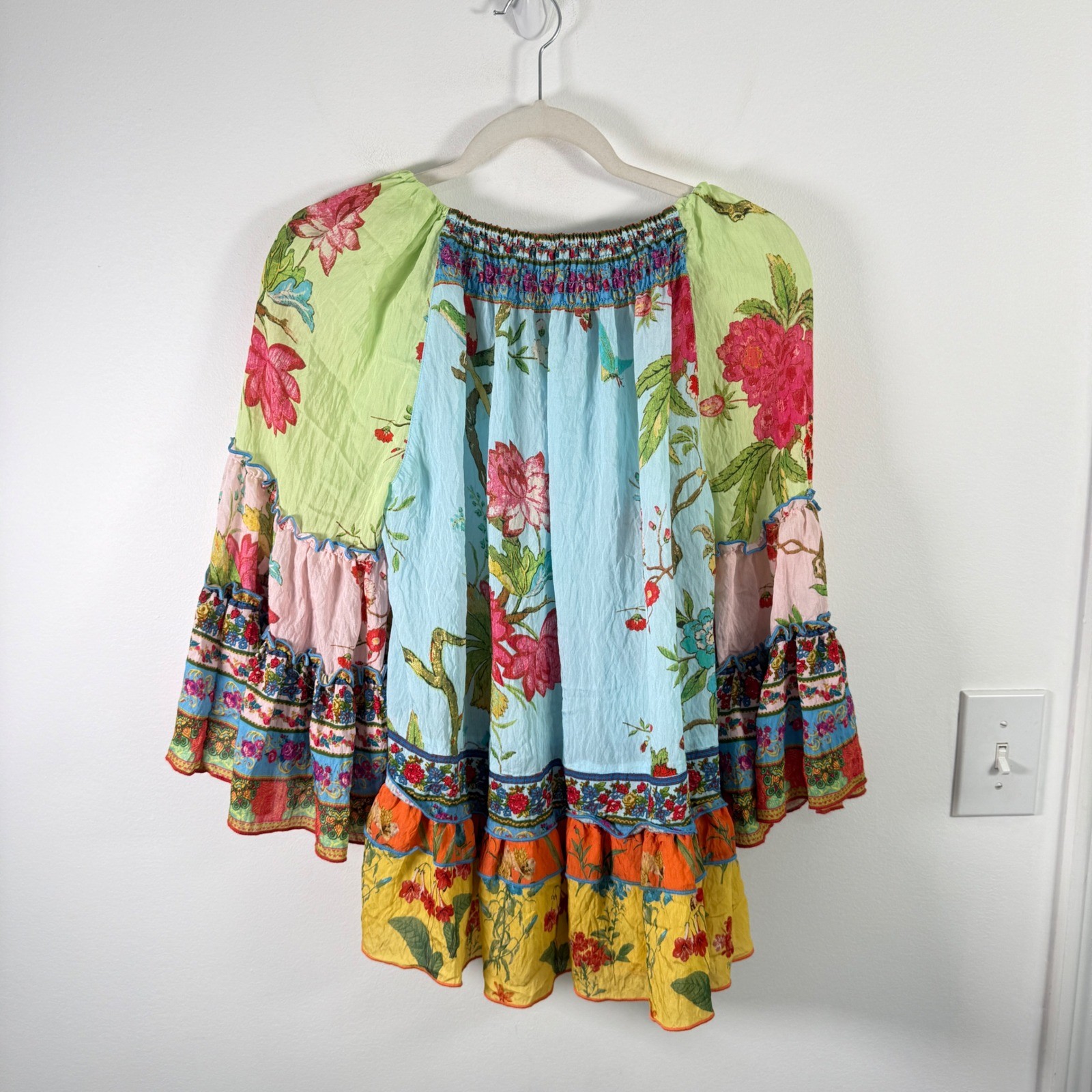 John Mark Floral Patchwork Blouse Multi-Color Ruffle Tiered Peasant Womens Large