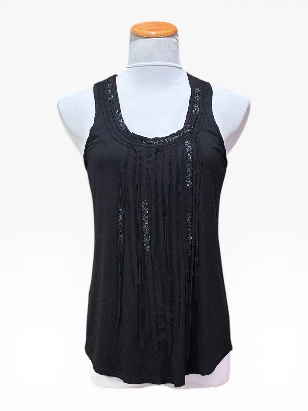 BCBG Black Sleeveless Top, Fringe Front and Back Round Neckline Sequin Detail