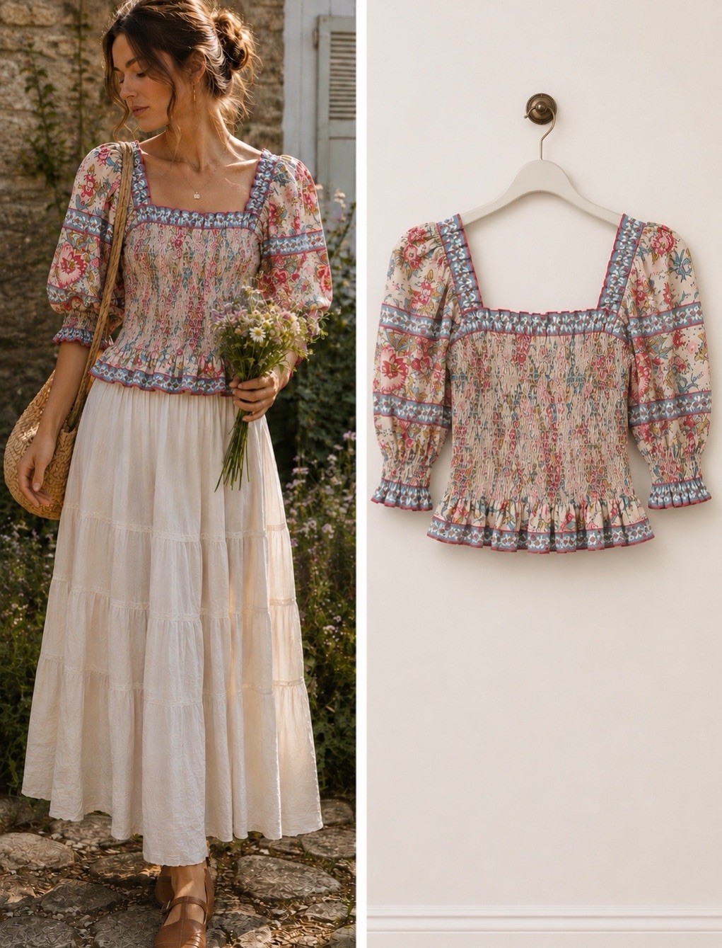 Sea New York Tess Print Puff Sleeve Smocked Top Cottagecore Boho Chic Small NWT