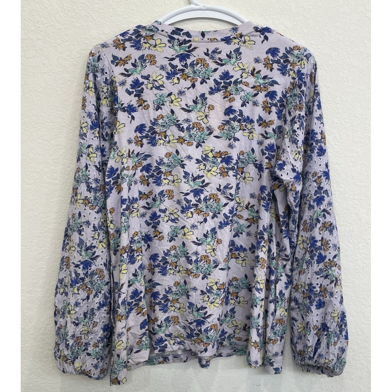 LOGO Lori Goldstein Top Women’s XS Purple Floral Eyelet Sleeve Flowy Blouse