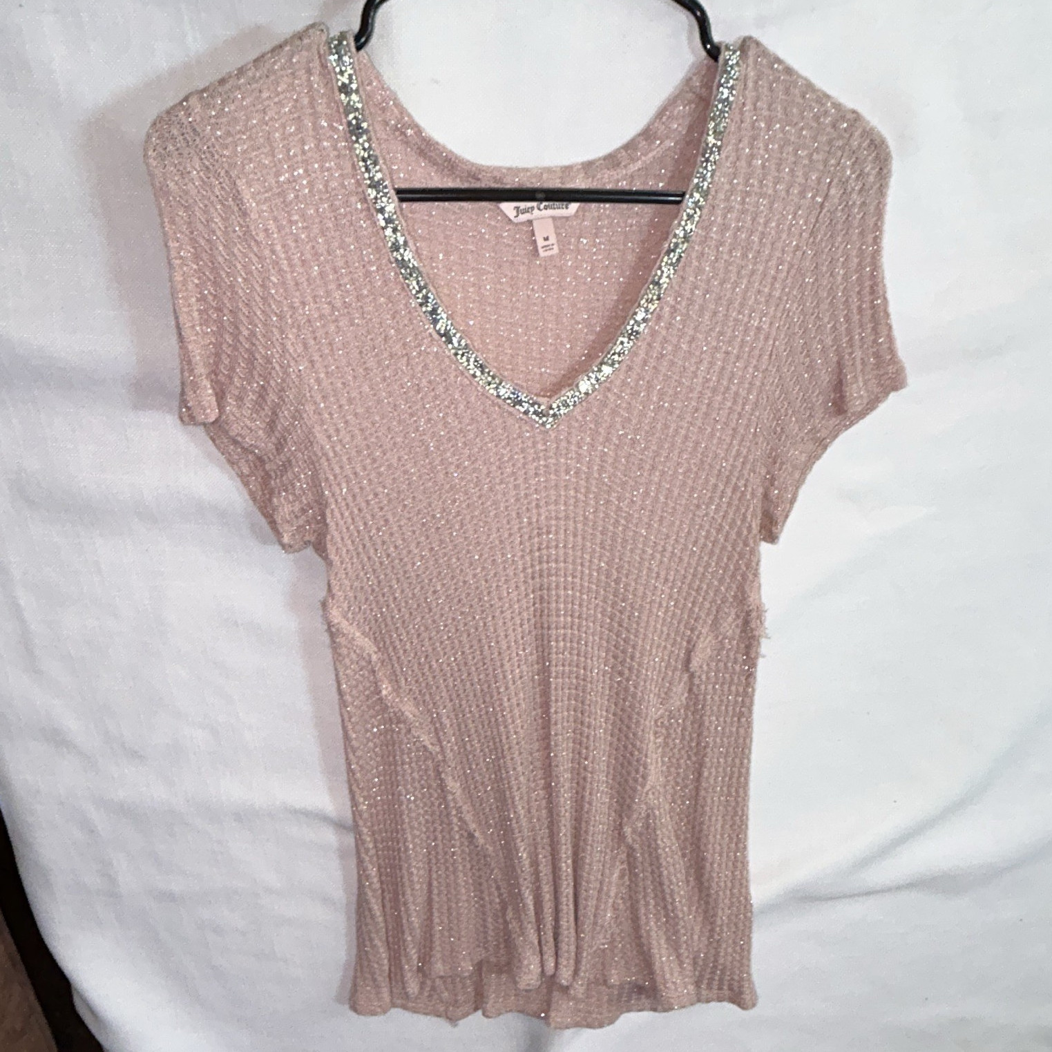 Juicy Couture Women’s Pink Glitter Knit V-Neck Rhinestone Top Short Sleeve M
