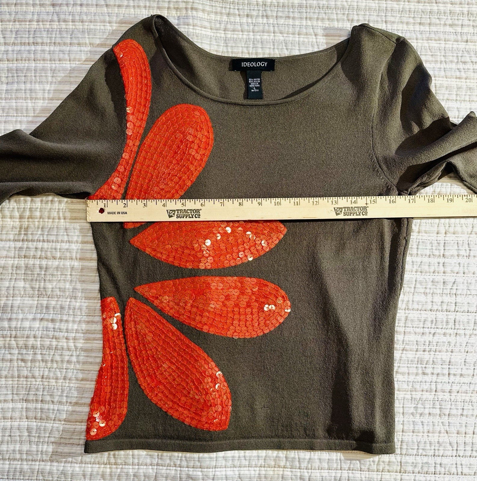 Ideology Women’s Army Green Sequin Floral Long Sleeve Knit Top Size Large L