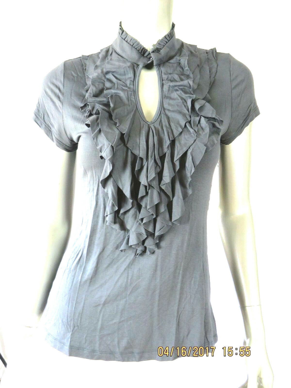 TWENTY ONE SZ S Viscose/Spandex Charcoal Gray Ruffle Shirt High Neck Blouse Top