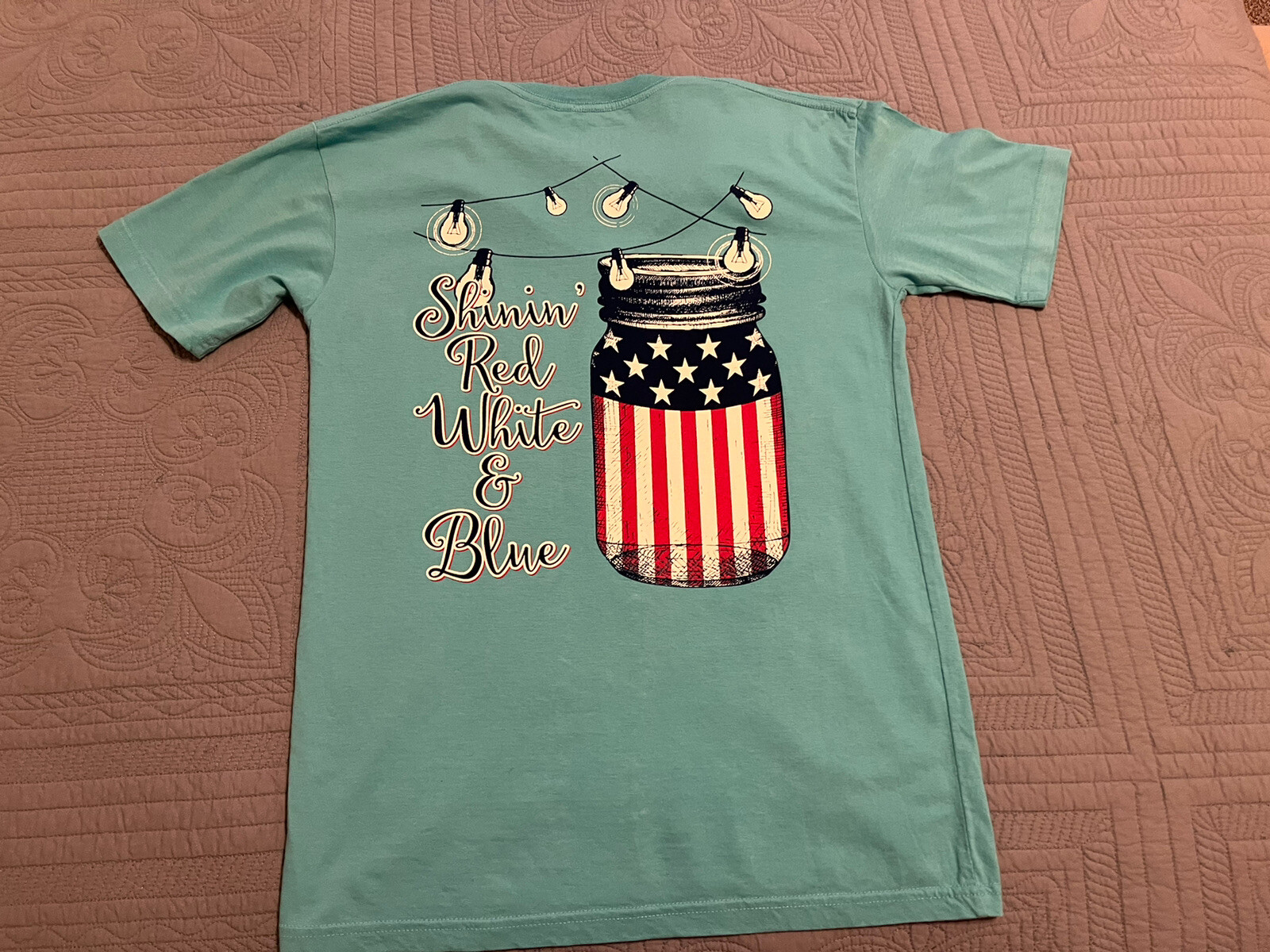 ROYCE BRAND Women’s Lagoon Blue T-Shirt Small S S/S V-Neck Graphic USA Shinin’