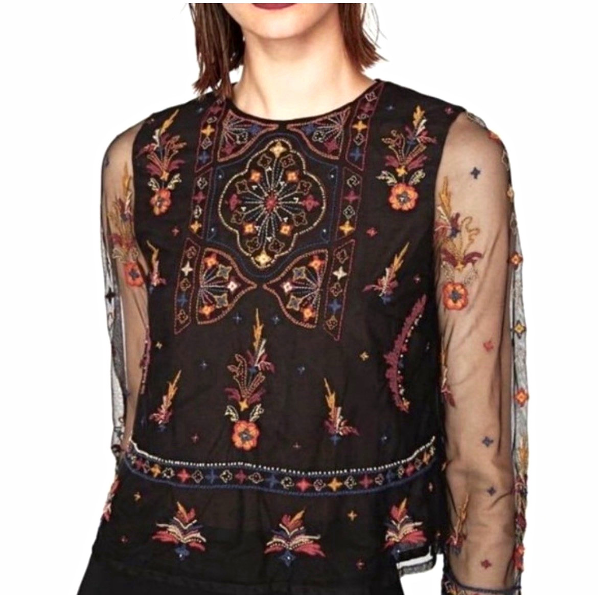 ZARA Black Sheer Tulle Floral Embroidered Beaded Button Blouse Long Sleeve M