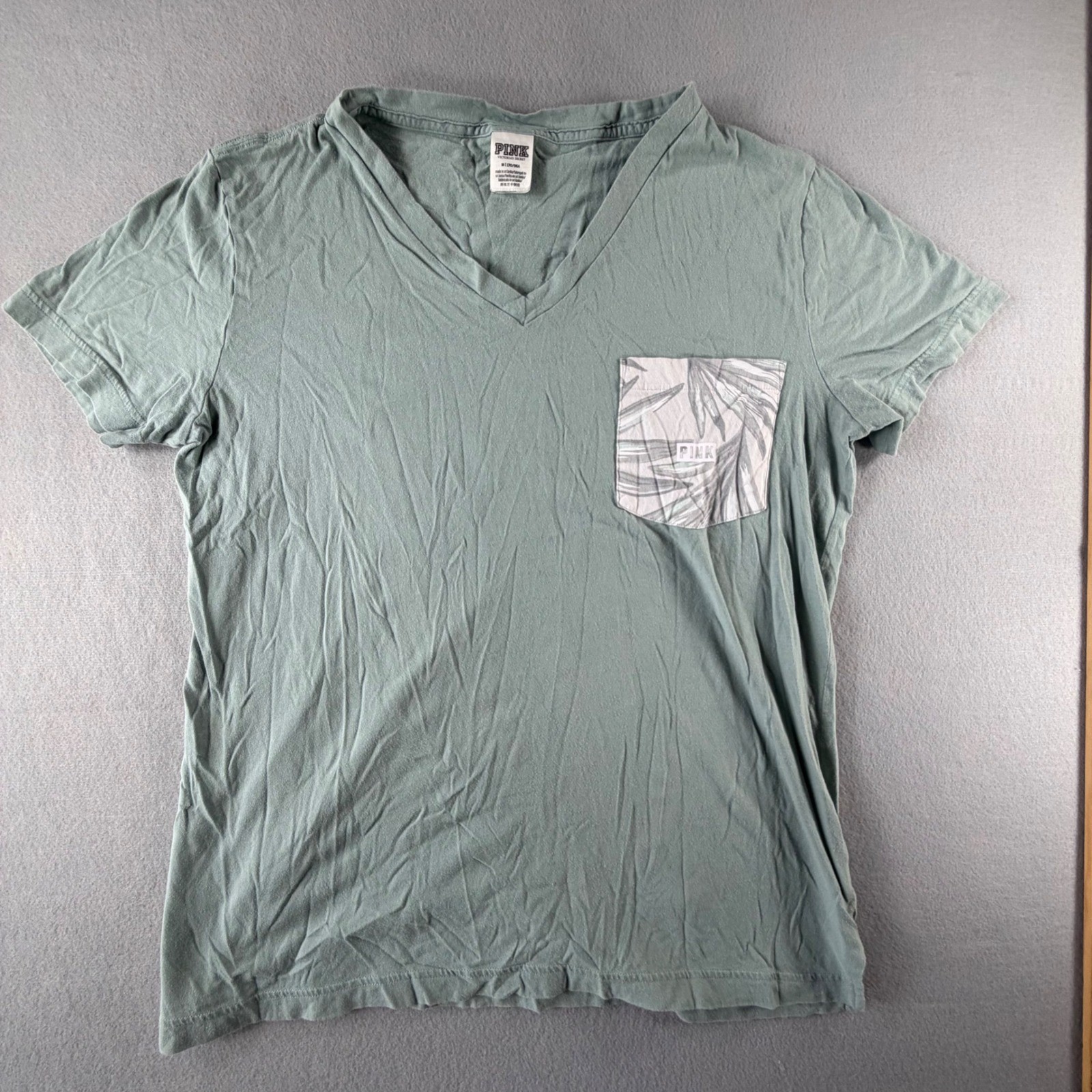 Victoria’s Secret PINK T-Shirt Womens Medium Green V-Neck Pocket Back Logo Tee