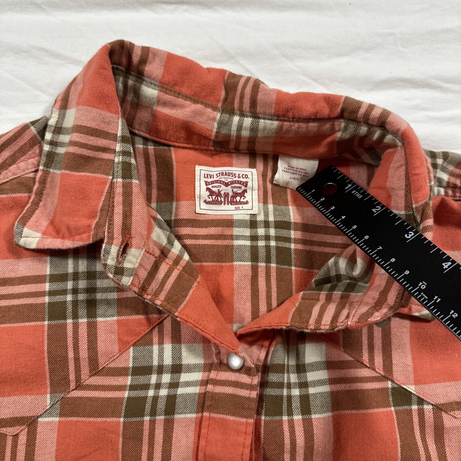 Levi Pearl Snap Shirt Womens Large Pink Plaid Flannel Western Cowboy Outdoor USA